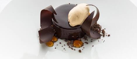 A dessert on a white plate.
