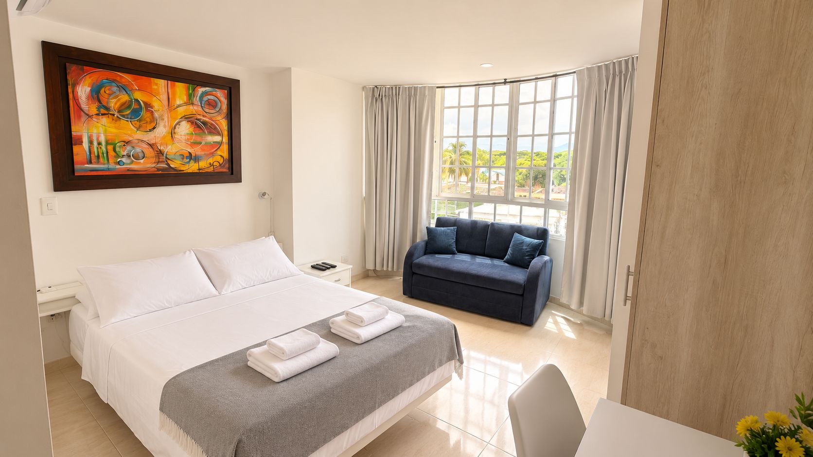 A hotel room with a bed, a sofa, a painting on the wall, and a window with curtains.