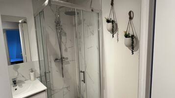 Ein modernes Badezimmer mit einer Duschkabine, einem weißen Waschbecken und zwei hängenden Pflanzen.