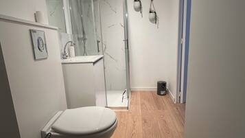Shower, hair dryer, towels, toilet paper