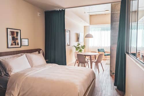 Premium bedding, pillowtop beds, blackout drapes, soundproofing