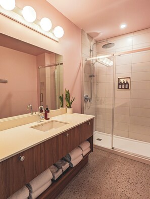Hair dryer, towels, soap, shampoo