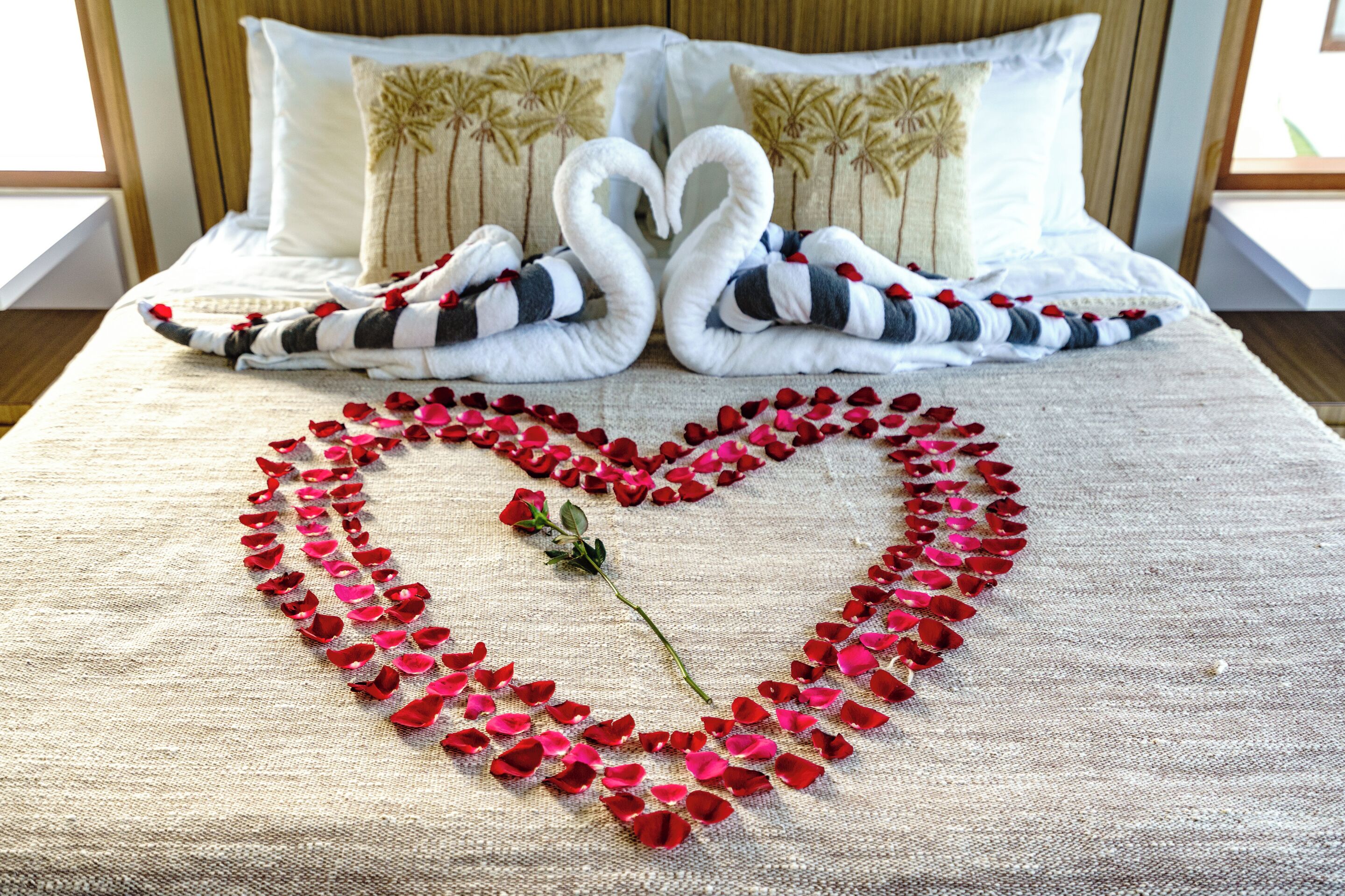 A bed with a heart-shaped arrangement of rose petals and two swan-shaped towels.
