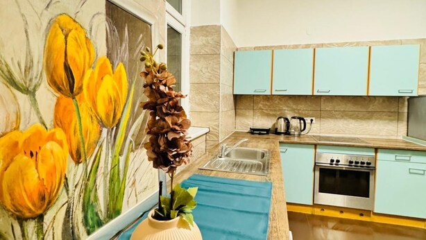 A kitchen with teal cabinets, a stove, and a sink.