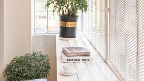 A narrow indoor space with a wicker pendant light, a potted plant, a small table, and a window with a view.