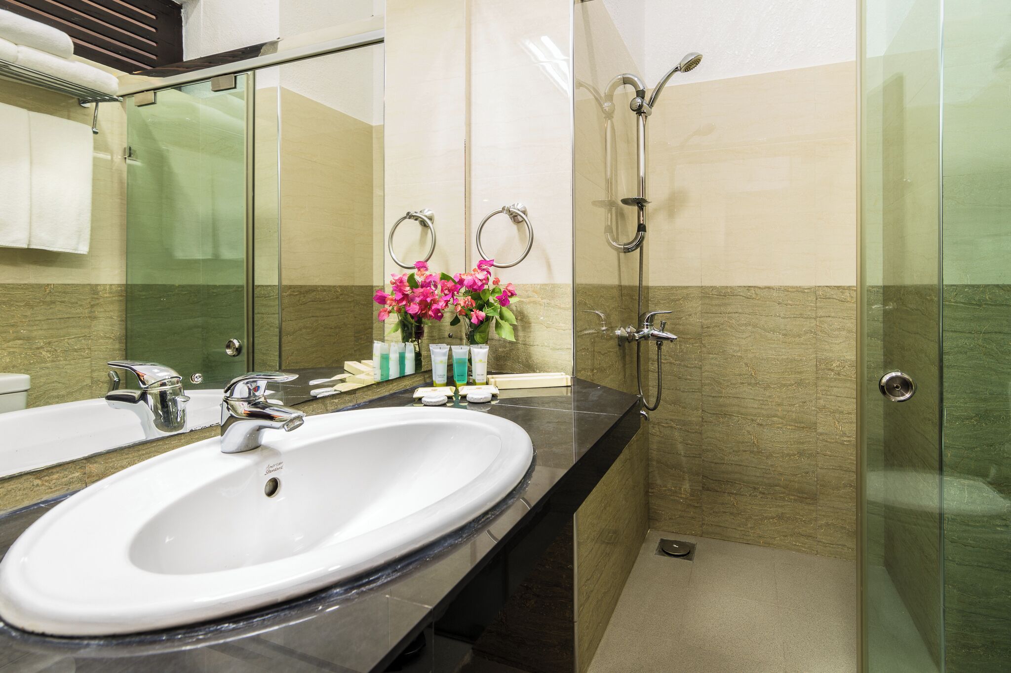 Hair dryer, towels, soap, shampoo