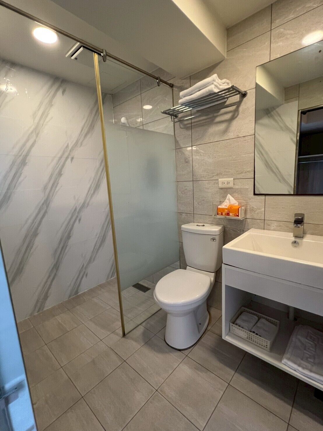 A modern bathroom with a glass shower enclosure, a toilet, a sink with a mirror, and a towel rack.