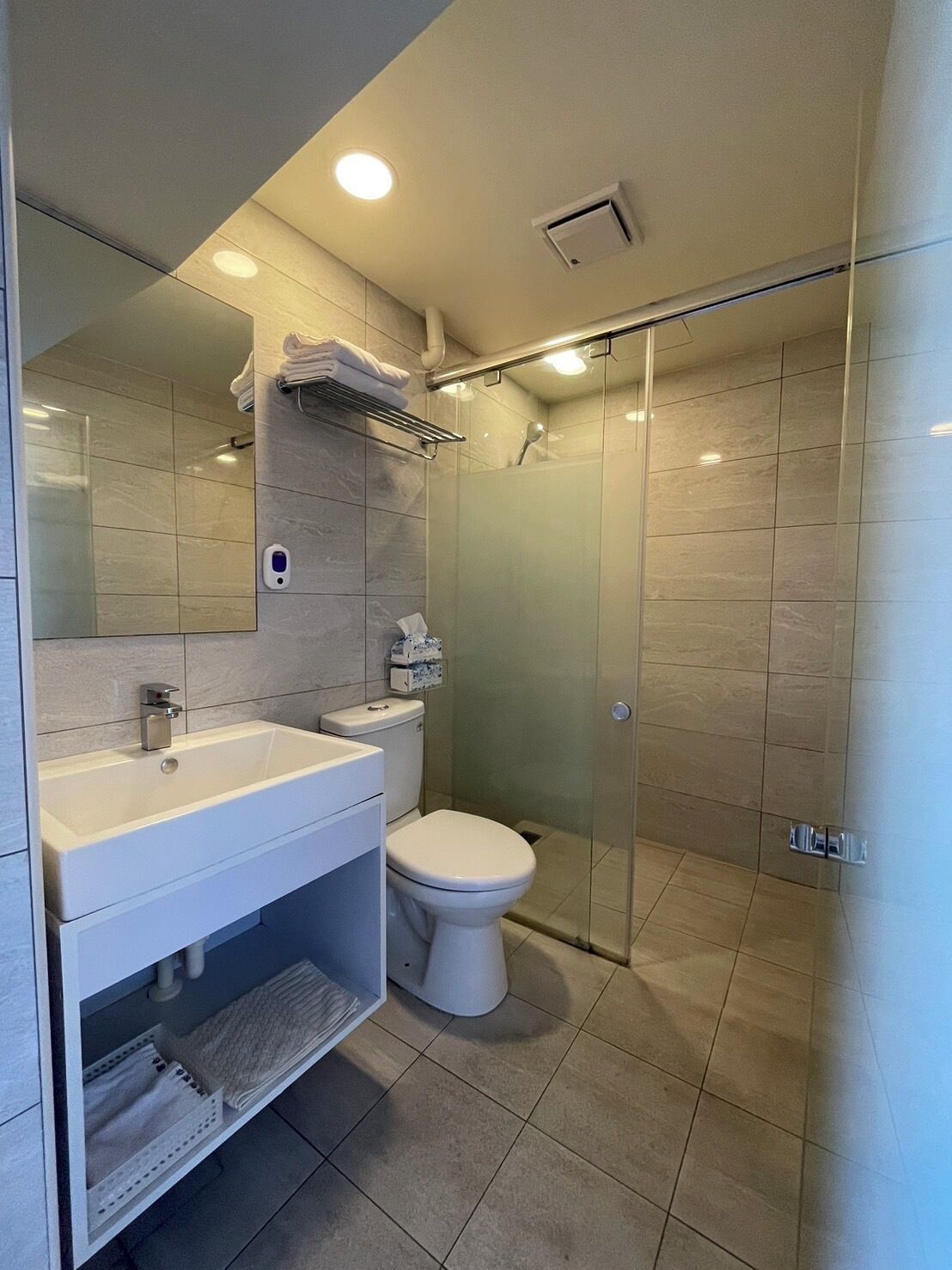 Een moderne badkamer met een douchecabine van glas, een witte wastafel en een toilet.