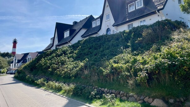 A coastal house with a steeply pitched roof, white walls, and dark roof tiles. - Modern apartment with terrace and sea view. - At the dune (Hörnum (Sylt))