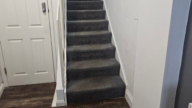 A staircase with dark carpeted steps leading to a white door.