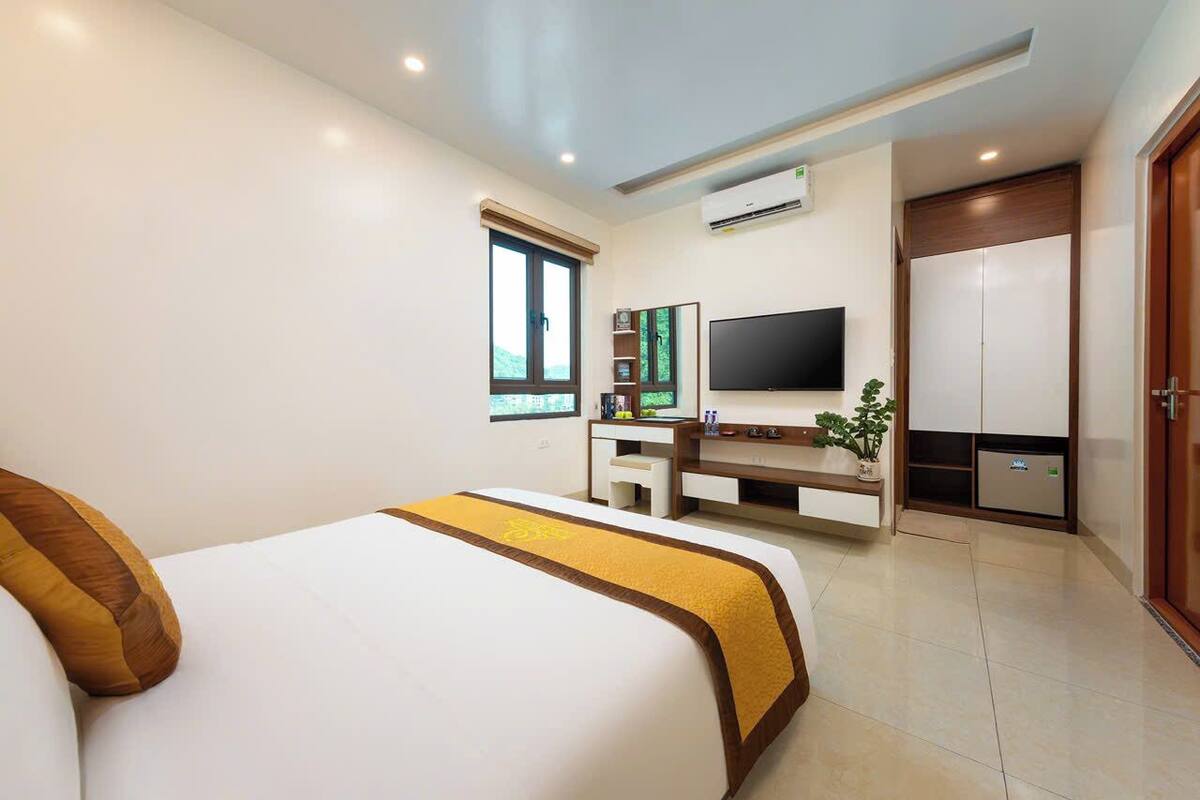 Una habitación de hotel moderna con una cama grande, un televisor, un escritorio y un armario.