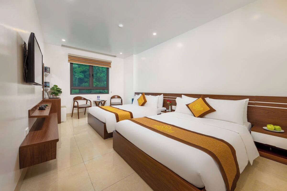 Habitación de hotel con dos camas, un escritorio, una silla, un televisor y una ventana con vistas a zonas verdes.
