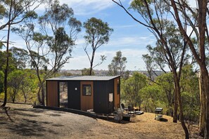 A small cabin with a wooden door and a window, surrounded by trees and a dirt ground. - Eucalypt Escape by Tiny Away (Coimadai)