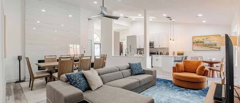 Smart TV, fireplace, stereo, printers