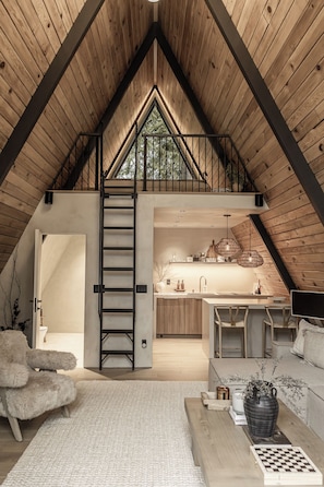 Relax in this spacious loft with a cozy seating area, kitchen, and lofted sleeping space.