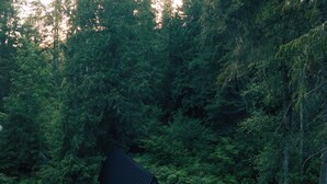 Une cabane dotée d’un toit triangulaire, entourée d’une forêt dense. Elle comprend une terrasse avec des sièges d’extérieur et un foyer.