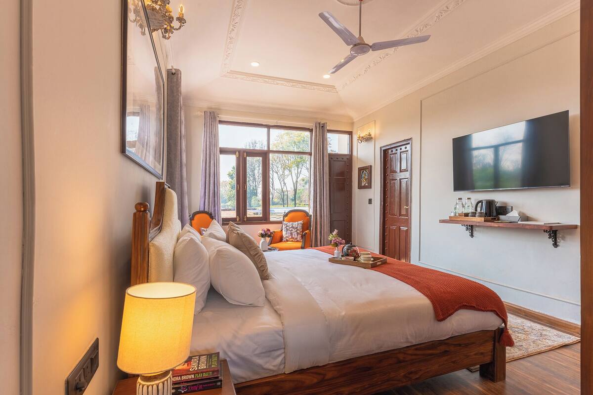 A bedroom with a large bed, a ceiling fan, a TV, and a window with curtains.