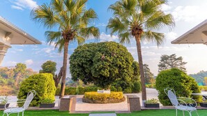A garden with palm trees, a central bush, and two white metal chairs. - Seclude Tea Estate Palampur (Palampur)