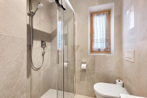 A bathroom with a glass-enclosed shower, a toilet, and a window with lace curtains.