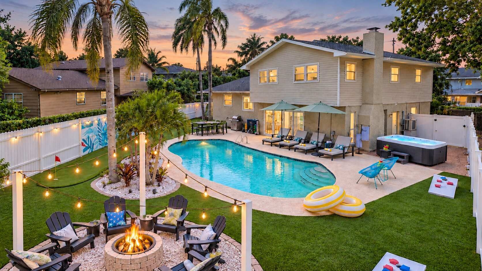 A backyard with a swimming pool, outdoor seating, and a hot tub.