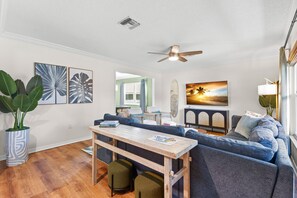 TV, fireplace, foosball, books