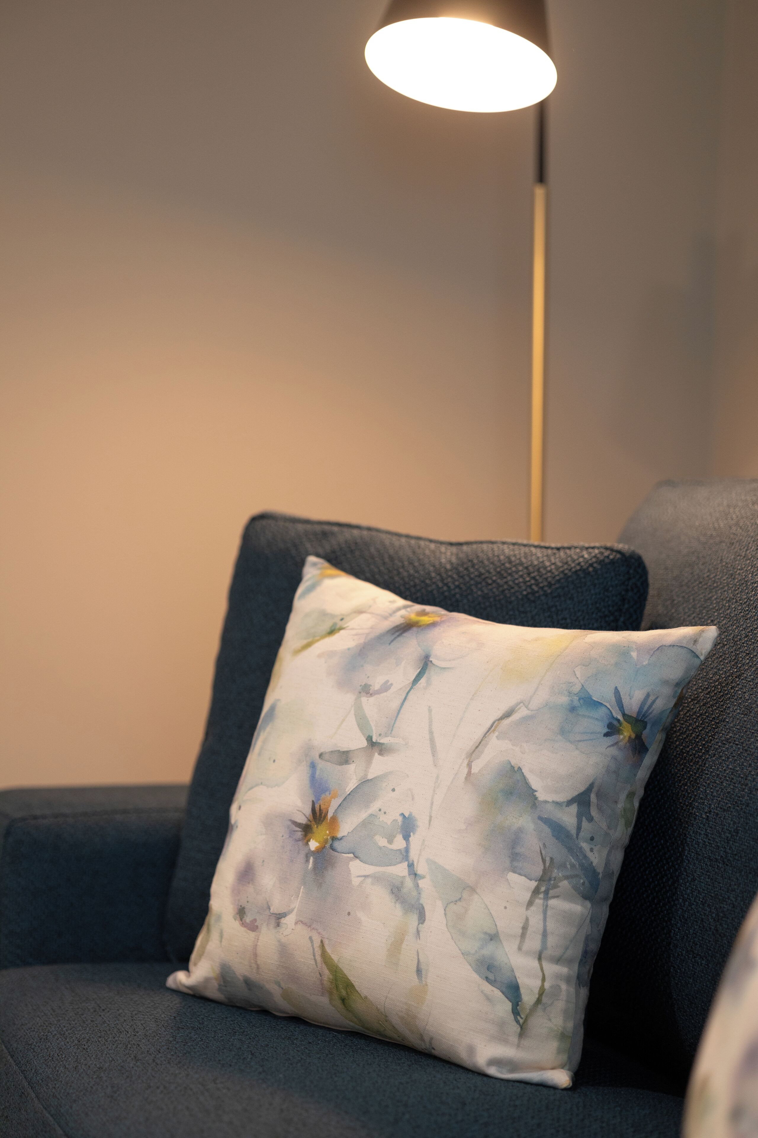 A blue sofa with a floral pillow and a floor lamp in the background.