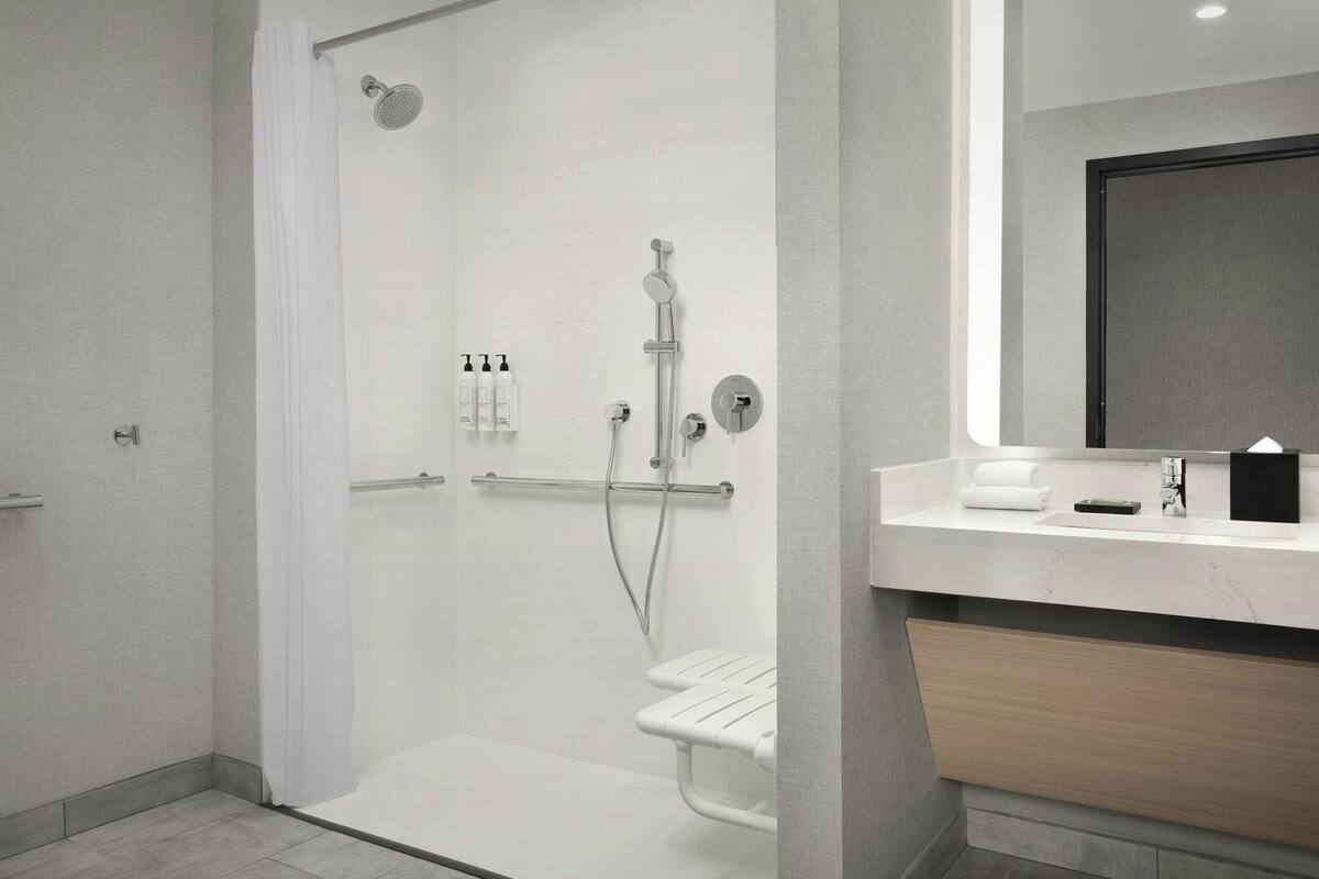 Hair dryer, towels, soap, shampoo