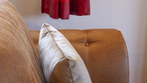 A sofa with a light-colored cushion and a brown cushion with a button detail. - Ash Tree Lodge - sleeps 4 guests in 2 bedrooms (Appin)
