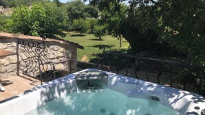 Un jacuzzi con pared de piedra y barandilla metálica en un jardín.