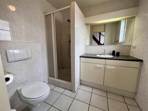 A bathroom with a toilet, a shower, and a sink with a mirror above it. - Holiday Bungalow With Wifi Near Beach (Sint Maartensvlotbrug)