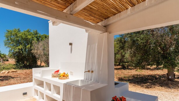 An outdoor kitchen area with a white countertop, a wooden pergola overhead, and a view of olive trees.