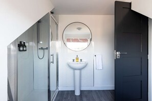 Shower, hair dryer, towels