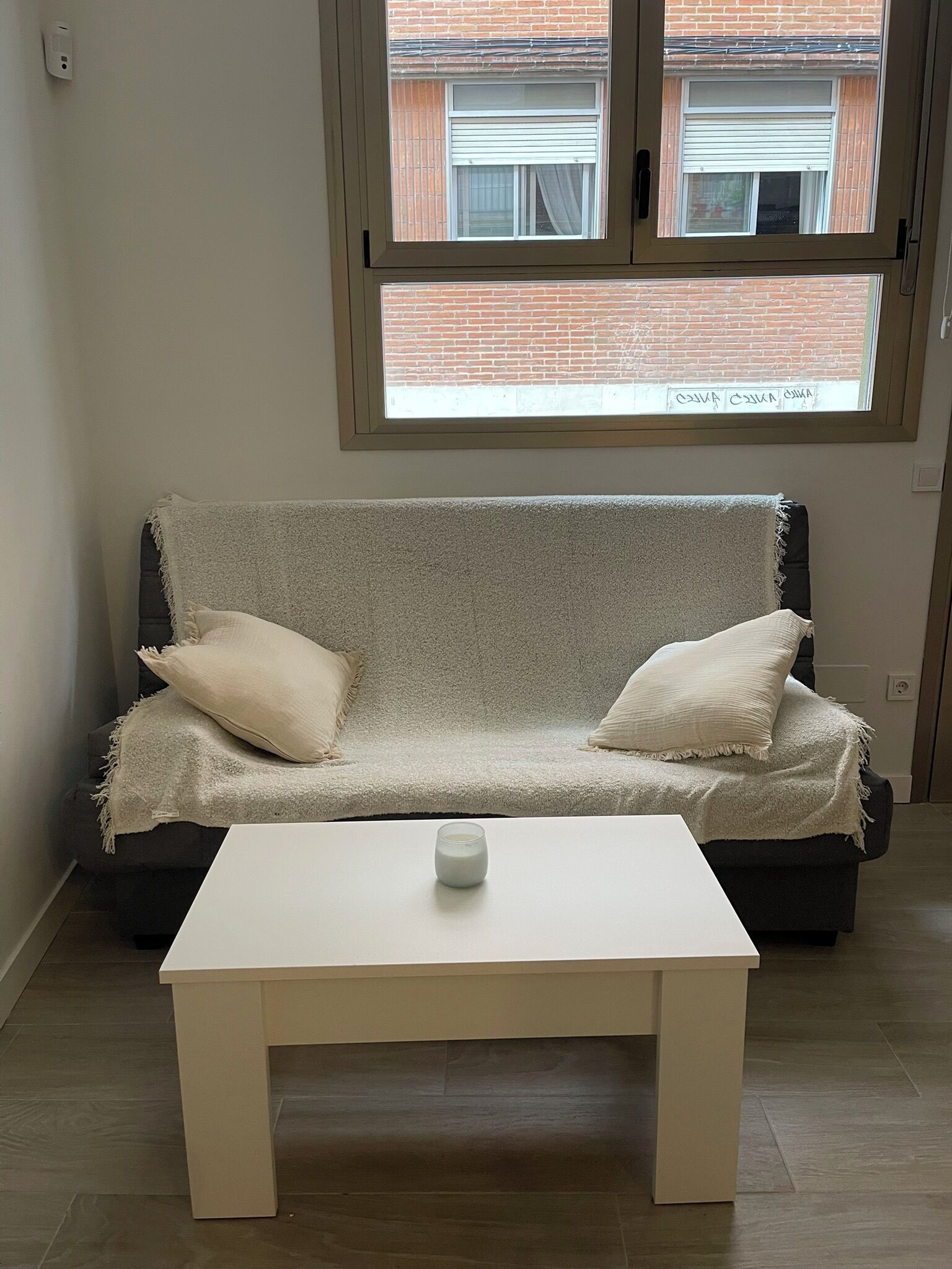 A living room with a sofa, two pillows, and a coffee table.