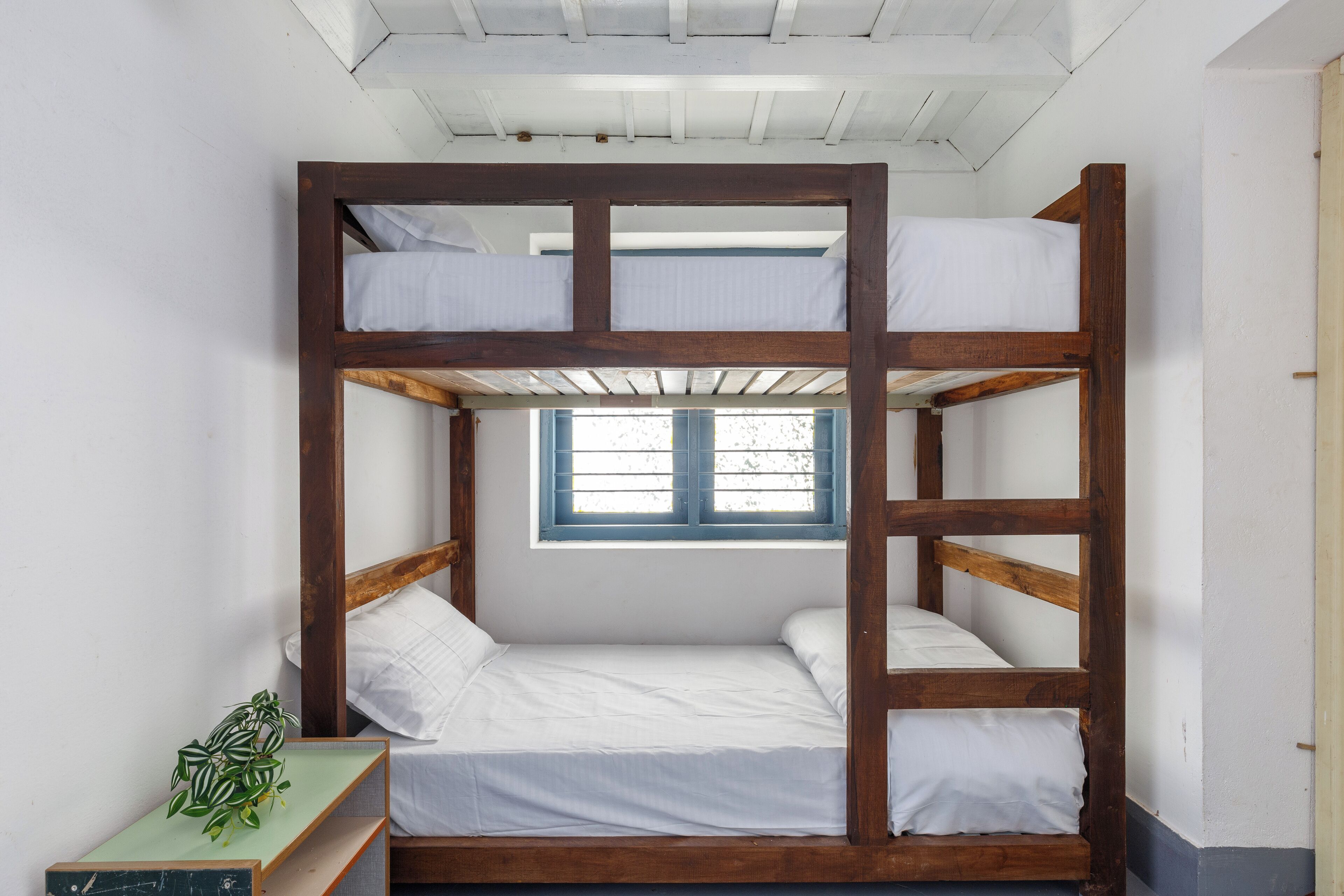 A bunk bed with two levels, a window with blue shutters, and a small plant on a shelf.
