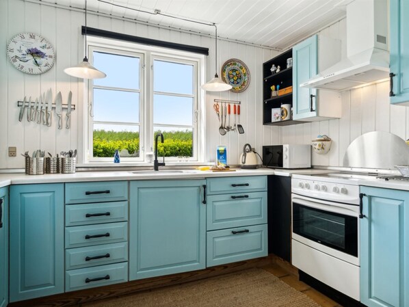 Fridge, microwave, dishwasher, cookware/dishes/utensils