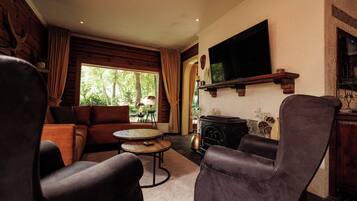 智能電視、壁爐、書籍、音響