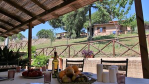 A table set outdoors with a basket of fruits, candles, and a bottle of wine.