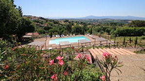 A pool area with a view of the countryside, surrounded by greenery and a clear sky.