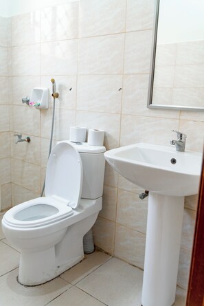 Hair dryer, towels, soap, toilet paper