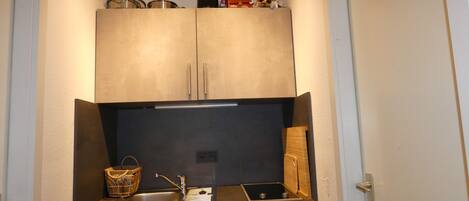 Fridge, microwave, stovetop, coffee/tea maker