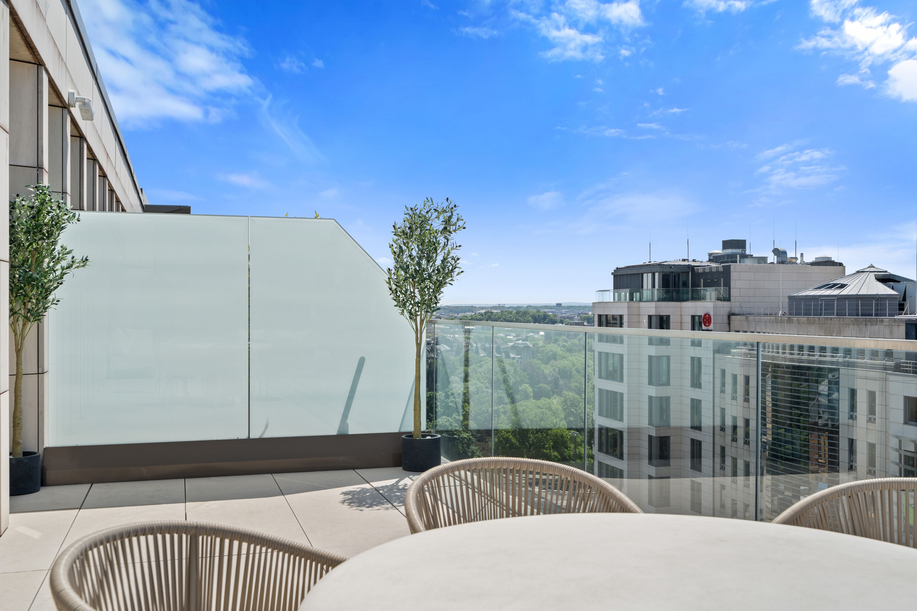 A rooftop terrace with a glass balustrade, wicker furniture, and potted plants.