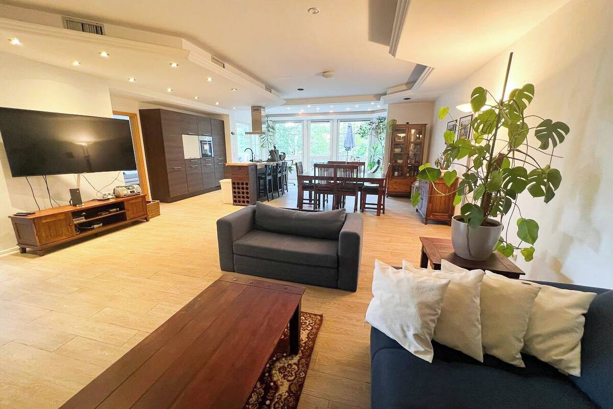A modern living room with a flat-screen TV, a dark sofa, a wooden coffee table, and a large potted plant.