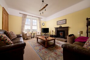Smart TV, fireplace, DVD player, books