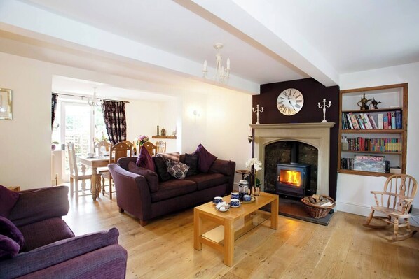 Smart TV, fireplace, DVD player, books