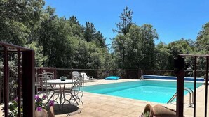 A rectangular swimming pool with a tiled deck, surrounded by a metal fence. There are lounge chairs and a table with chairs, and potted plants with flowers. - Beautiful Cevennes farmhouse with swimming pool (Corbès)