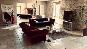 A living room with a stone wall, a fireplace, a sofa, a TV, and a potted plant. - Le mas du figuier at the foot of the medieval city (Vézénobres)