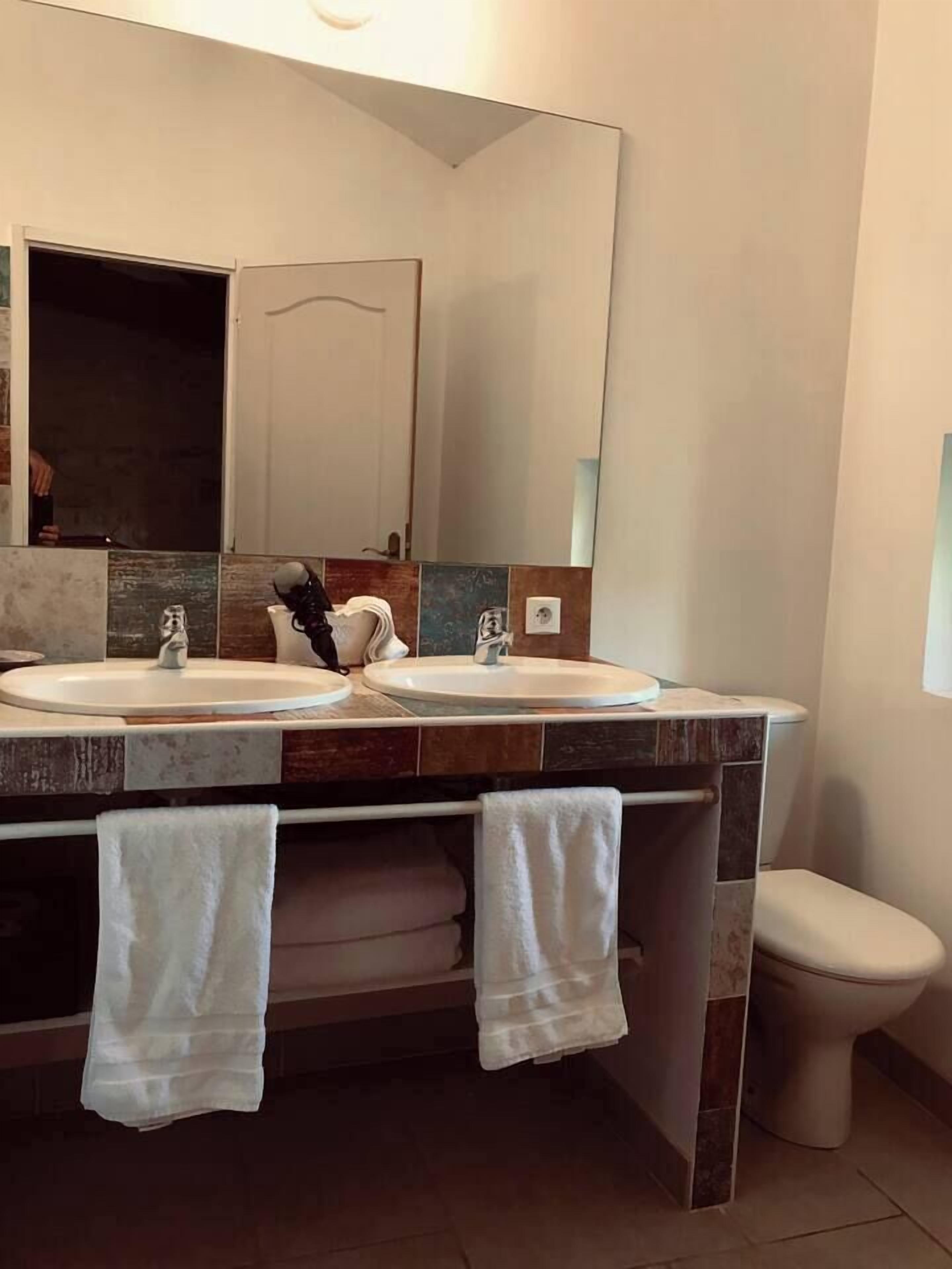 A bathroom with two sinks, a large mirror, and a toilet.