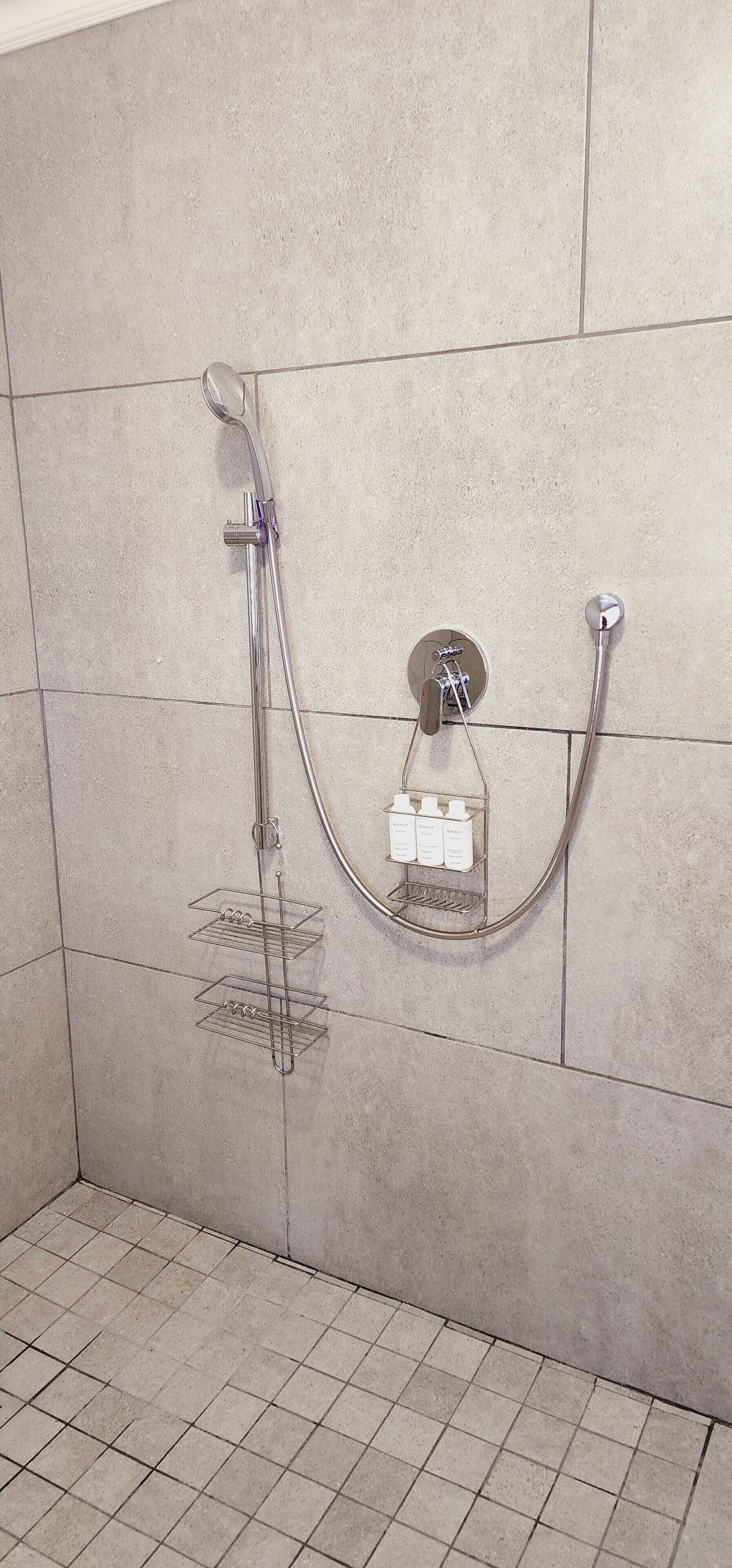 Shower, towels, soap, toilet paper