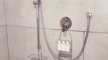 Shower, towels, soap, toilet paper