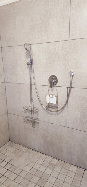 Shower, towels, soap, toilet paper